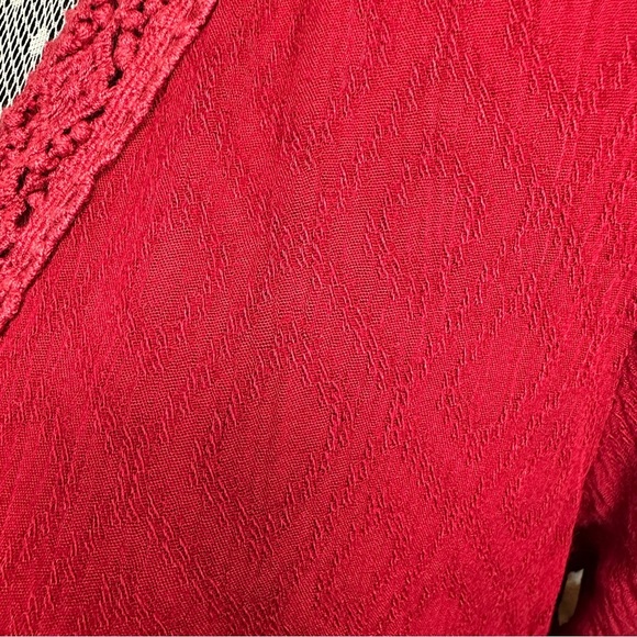 Suzanne Betro Boho Lace Trim Dress Red Textured Long Sleeve Size Large - Picture 6 of 15